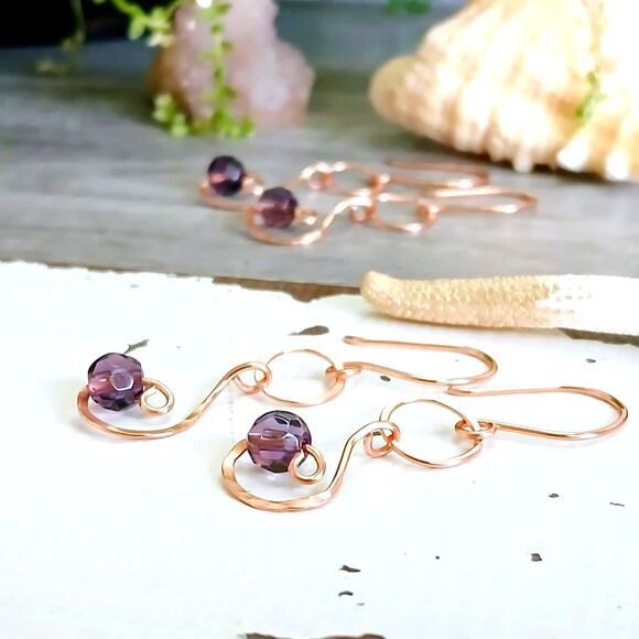 Boho Chic Purple Glass Beaded Dangle Earrings, Hammered Copper Jewelry 2" - Picture 1 of 5